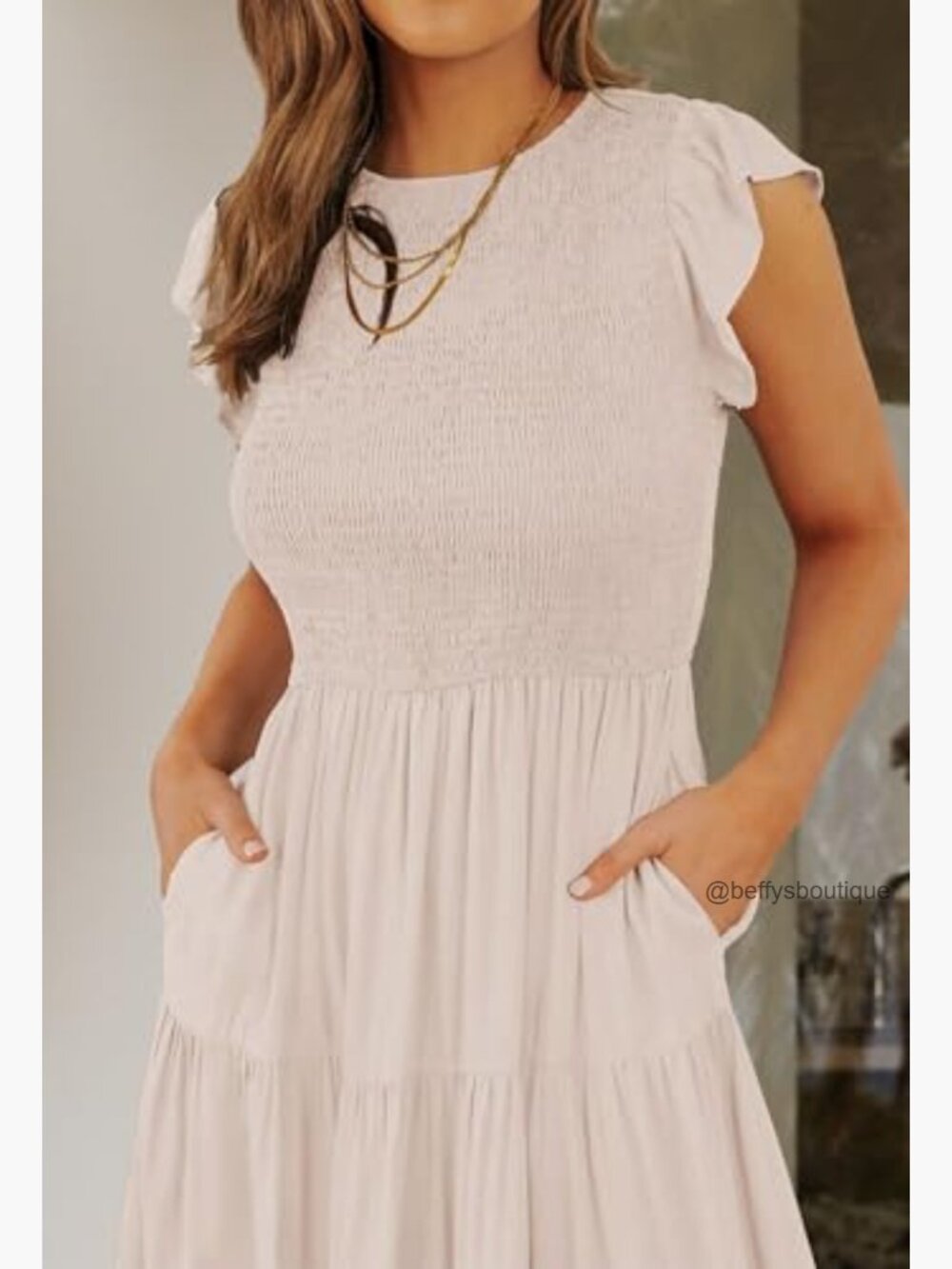 Flutter Short Sleeve Smocked Midi Dress - Casual Summer - Picture 6 of 7